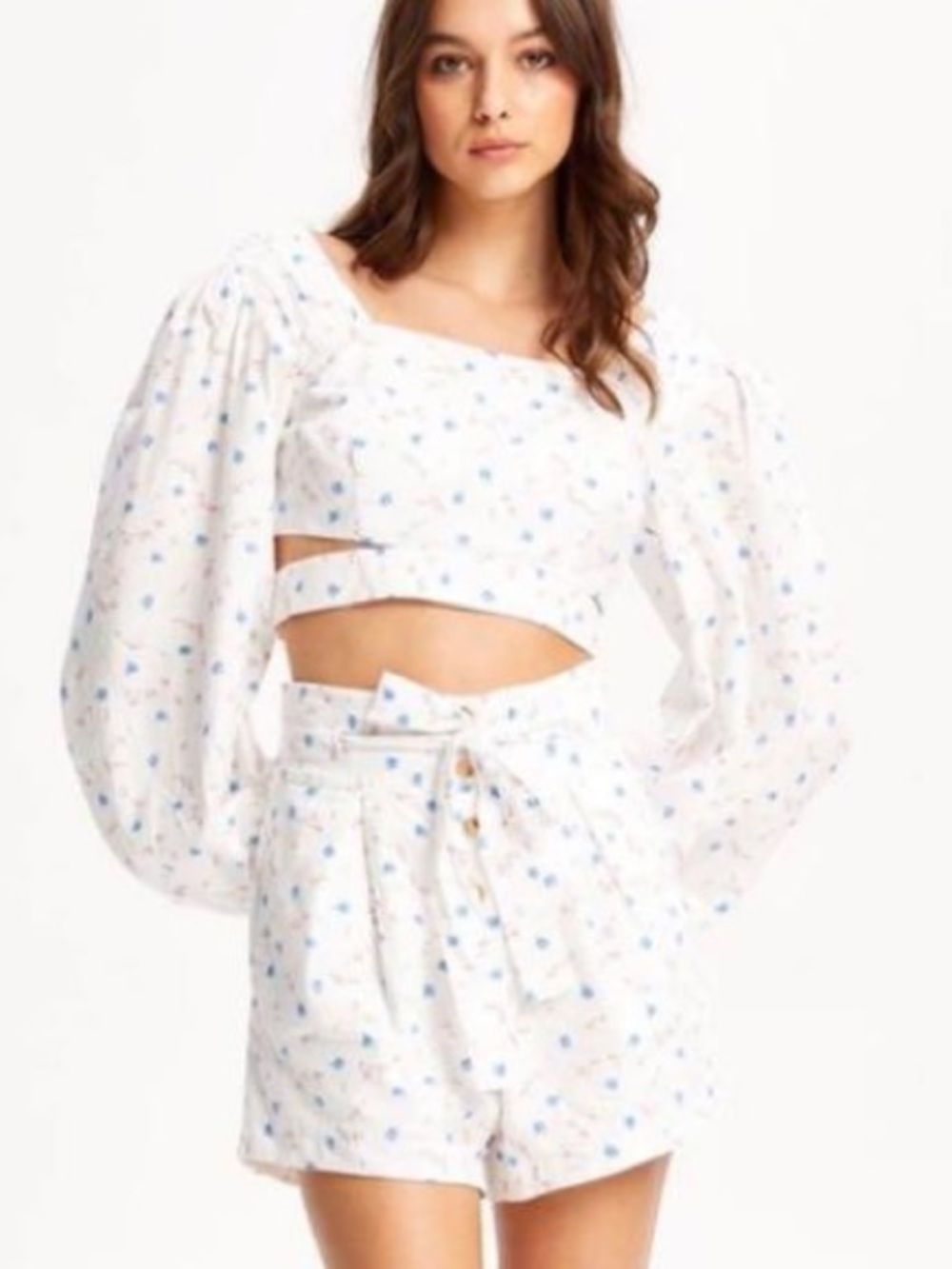 Alice McCall White Crop Top & Paperbag Skirt Set - Blue Floral